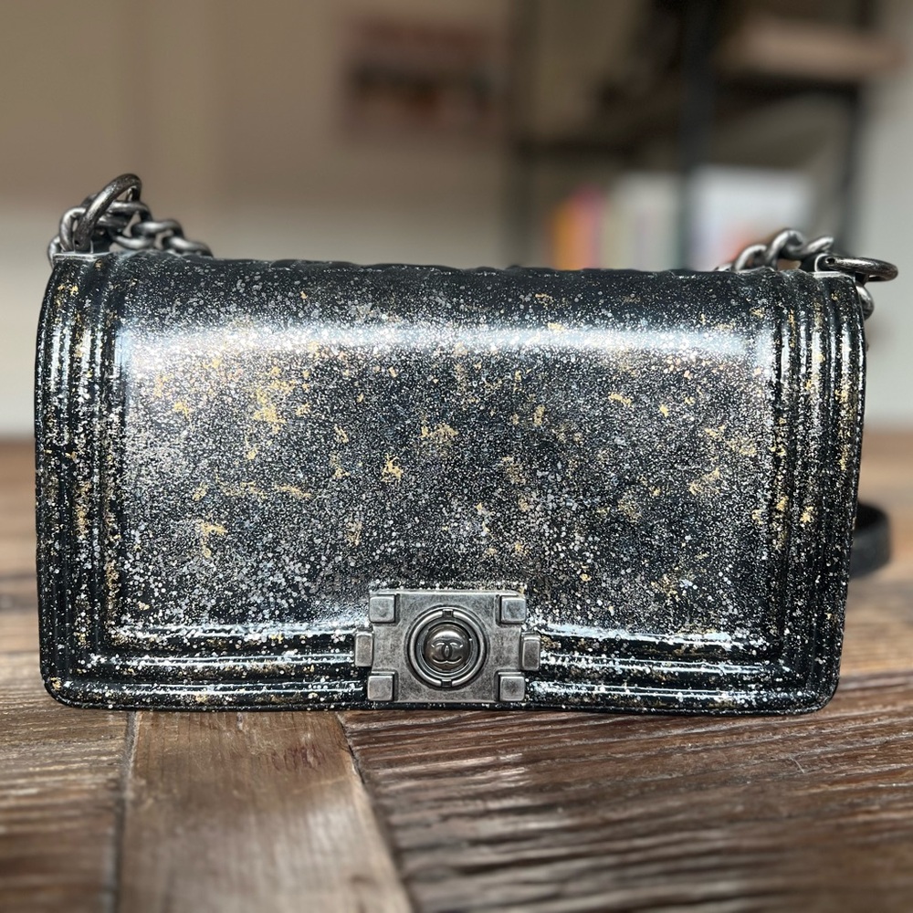 Chanel Black Glazed Leather Glitter Medium Bag.